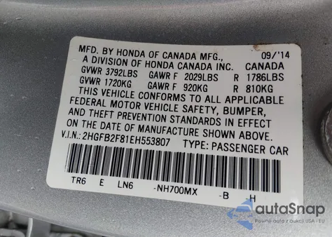 2014 Honda Civic z USA, uszkodzony, nr VIN 2HEFB2F81EH553847